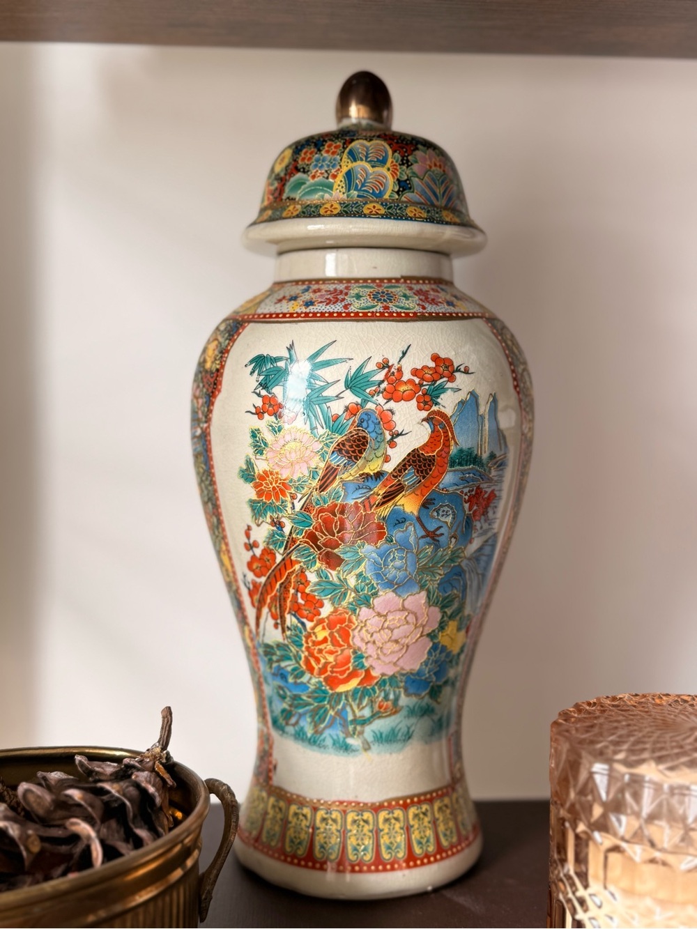 Decorative Floral & Bird Ceramic Ginger Jar- Multicolor